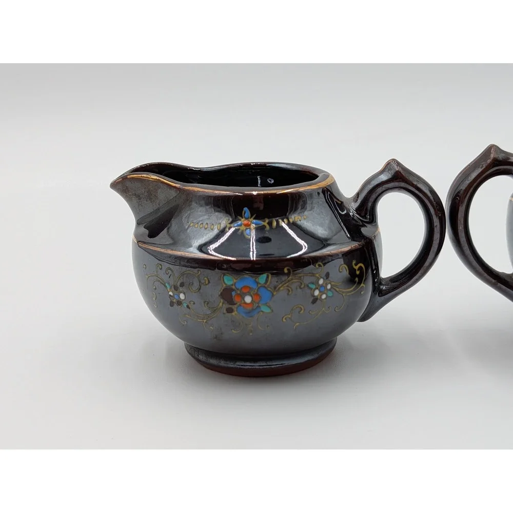 Vintage Japan Ceramic Creamer Pitcher‎ and Sugar Bowl with Lid Floral Accents